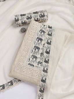 MEENA BAZAAR - Beige Printed Cotton Blend Unstitched Top & Bottom with Dupatta