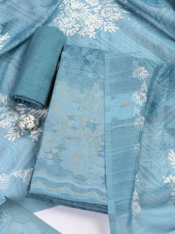 MEENA BAZAAR - Blue Printed Linen Unstitched Top & Bottom with Dupatta