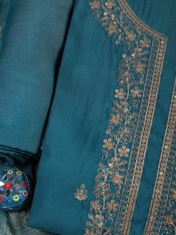 MEENA BAZAAR - Teal Embroidered Chanderi Unstitched Top & Bottom with Dupatta