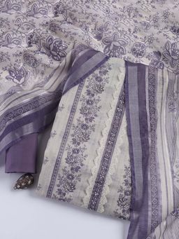 MEENA BAZAAR - Purple Printed Linen Unstitched Top & Bottom with Dupatta