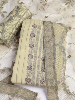 MEENA BAZAAR - Beige Embroidered Georgette Unstitched Top & Bottom with Dupatta
