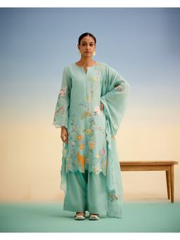 Shetab Kazmi - Embroidered Sea Blue Kurta with Palazzo Pant (Set of 3)