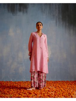 Shetab Kazmi - Pink Long Kurta with Flared Palazzo Pant (Set of 2)