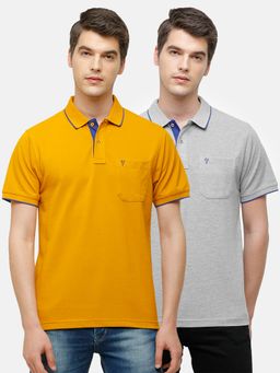 Classic Polo - Men Solid Mustard & Grey Cotton Blend Regular Fit Polo T-Shirts (Pack of 2)