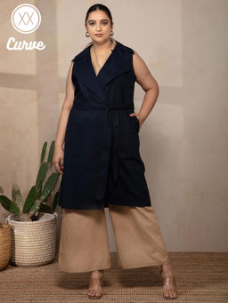 Twenty Dresses by Nykaa Fashion - Navy Blue Solid Notched Lapel Jacket With Belt