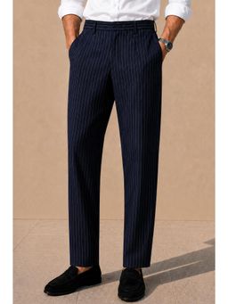 Perch - Navy Blue Striped Viscose Slim Fit Korean Trouser