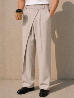 Perch - Cream Solid Banana Crepe Relaxed Fit Korean Trouser