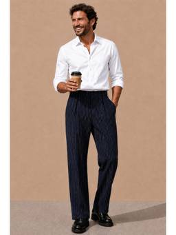 Perch - Navy Blue Striped Viscose Relaxed Fit Korean Trouser