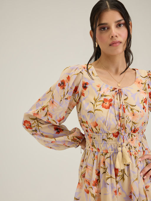 Buy Twenty Dresses by Nykaa Fashion Light Yellow Ruffles Round Neck Floral  Short Dress Online