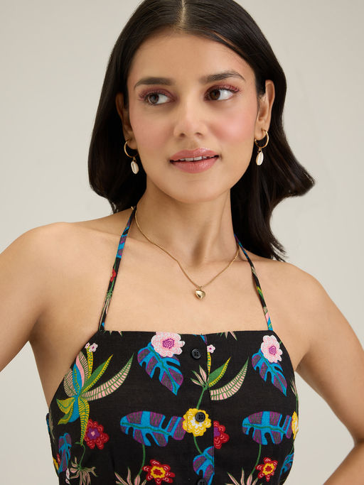 twenty dresses by nykaa fashion Buy Twenty Dresses by Nykaa Fashion Black Floral Halter Neck Midi Dress  Online