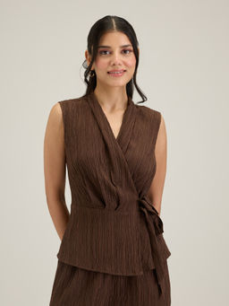 Twenty Dresses by Nykaa Fashion - Work Brown Solid Pleated Sleeveless Wrap Top