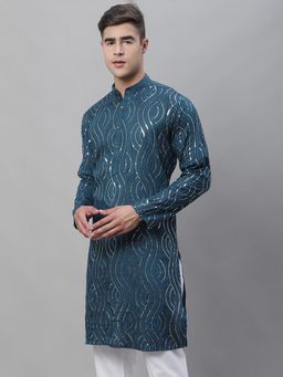 SOJANYA - Men Pure Cotton Teal Blue Designer Long Kurta