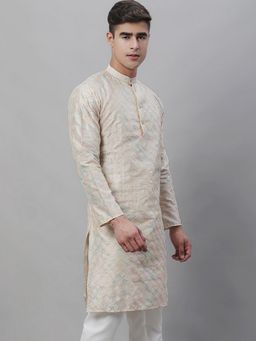 SOJANYA - Men Silk Blend Cream Embroidered Kurta