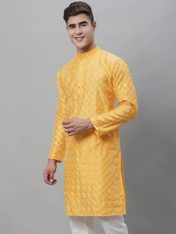 SOJANYA - Men Silk Blend Mustard Embroidered Kurta