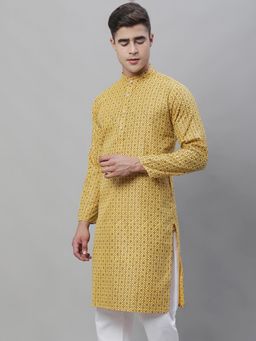 SOJANYA - Men Cotton Linen Mustard Foil Printed Long Kurta