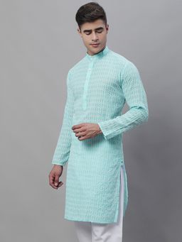 SOJANYA - Men Pure Cotton Blue Embroidered Straight Kurta