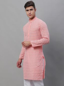 SOJANYA - Men Pure Cotton Peach Embroidered Straight Kurta