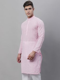 SOJANYA - Men Pure Cotton Pink Embroidered Straight Kurta