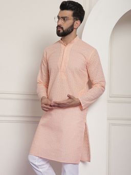 SOJANYA - Men Pure Cotton Peach Chikankari Embroidery Kurta
