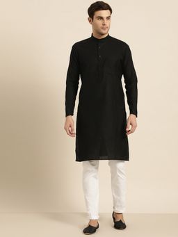 SOJANYA - Men Cotton Solid Straight Fit Black Long Kurta