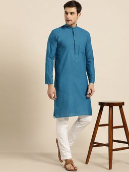 SOJANYA - Men Cotton Solid Straight Fit Peacock Teal Long Kurta