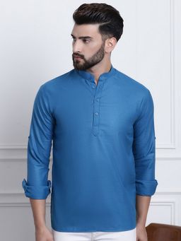 SOJANYA - Men Cotton Plain Solid Peacock Blue Short Kurta