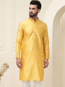 SOJANYA - Men Silk Blend Mustard Printed Long Kurta
