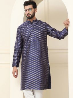 SOJANYA - Men Silk Blend Navy Blue Printed Long Kurta