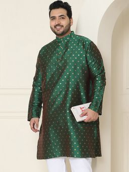 SOJANYA - Men Silk Blend Dark Green Booti Plus Size Long Kurta