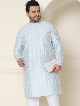SOJANYA - Men Silk Blend Light Blue Embroidered Plus Size Long Kurta