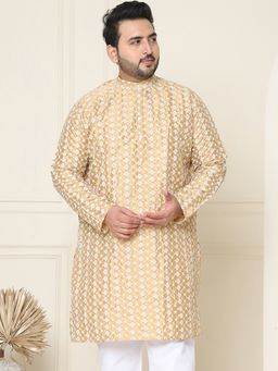 SOJANYA - Men Silk Blend Dark Gold Embroidered Plus Size Long Kurta