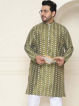SOJANYA - Men Silk Blend Dark Green Embroidered Plus Size Long Kurta