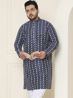 SOJANYA - Men Silk Blend Navy Blue Embroidered Plus Size Long Kurta