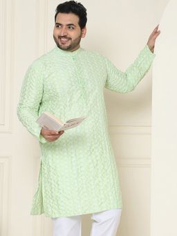 SOJANYA - Men Silk Blend Sea Green Embroidered Plus Size Long Kurta