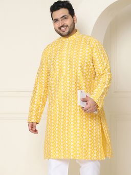 SOJANYA - Men Silk Blend Yellow Embroidered Plus Size Long Kurta