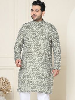 SOJANYA - Men Cotton Olive Printed Plus Size Long Kurta