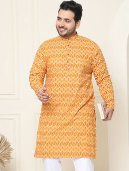 SOJANYA - Men Cotton Mustard Printed Plus Size Long Kurta