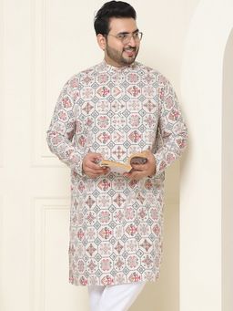 SOJANYA - Men Cotton Linen Cream Printed Plus Size Long Kurta