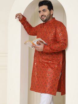 SOJANYA - Men Cotton Linen Orange Printed Plus Size Long Kurta