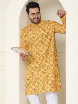 SOJANYA - Men Cotton Linen Yellow Printed Plus Size Long Kurta