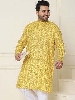 SOJANYA - Men Cotton Blend Mustard Printed Plus Size Long Kurta