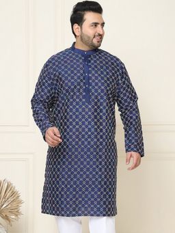 SOJANYA - Men Navy Blue Silk Blend Embroidered Plus Size Long Kurta