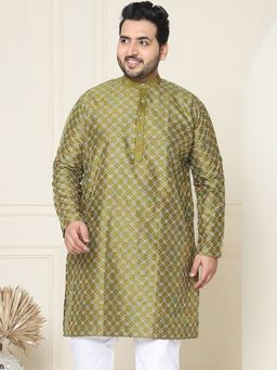 SOJANYA - Men Olive Silk Blend Embroidered Plus Size Long Kurta