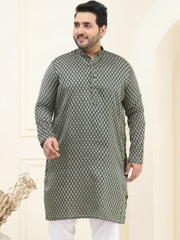 SOJANYA - Men Silk Blend Dark Green Self Design Plus Size Long Kurta