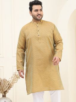 SOJANYA - Men Silk Blend Mustard Self Design Plus Size Long Kurta