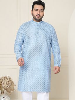 SOJANYA - Men Cotton Linen Blue Foil Printed Plus Size Long Kurta