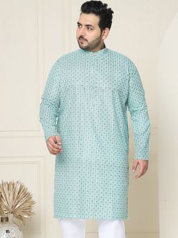 SOJANYA - Men Cotton Linen Sea Green Foil Printed Plus Size Long Kurta