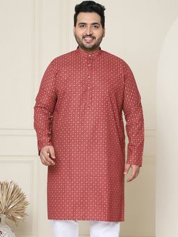 SOJANYA - Men Cotton Linen Maroon Foil Printed Plus Size Long Kurta
