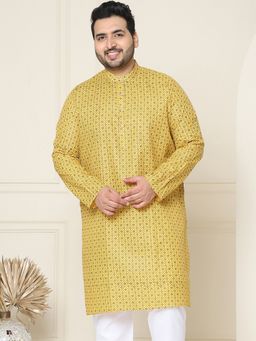 SOJANYA - Men Cotton Linen Mustard Foil Printed Plus Size Long Kurta