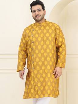 SOJANYA - Men Jacquard Silk Mustard Self Design Plus Size Long Kurta